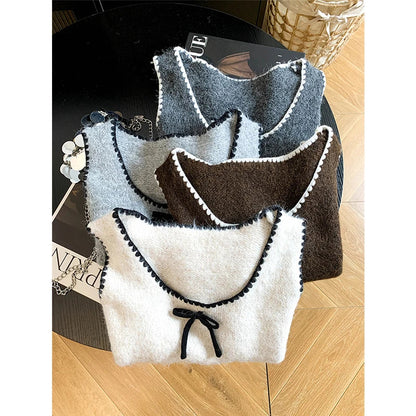 Gestricktes Crop Top Damen Ärmellos mit Schleife und Wellenkante