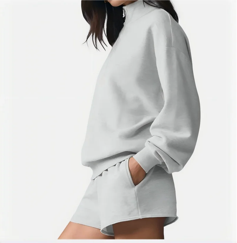 Damen Sweatshirt mit Stehkragen und Reißverschluss & Shorts Set Grau