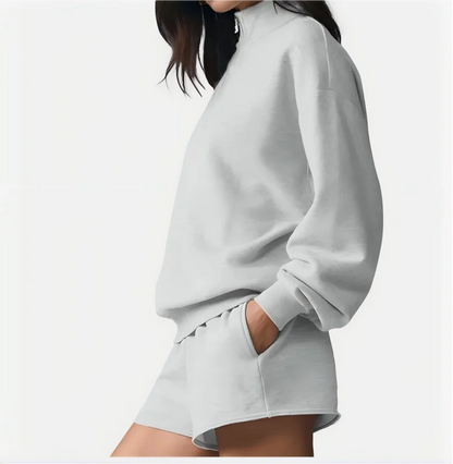 Damen Sweatshirt mit Stehkragen und Reißverschluss & Shorts Set Grau