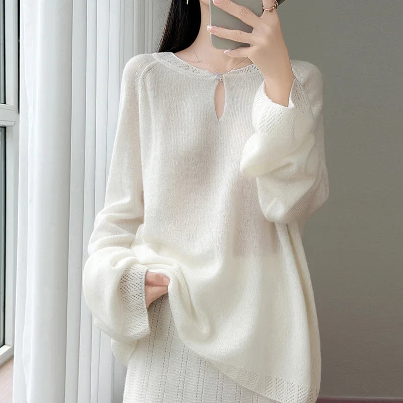 Damen Pullover Langarm Rundhals mit Lochdetails Hellrosa