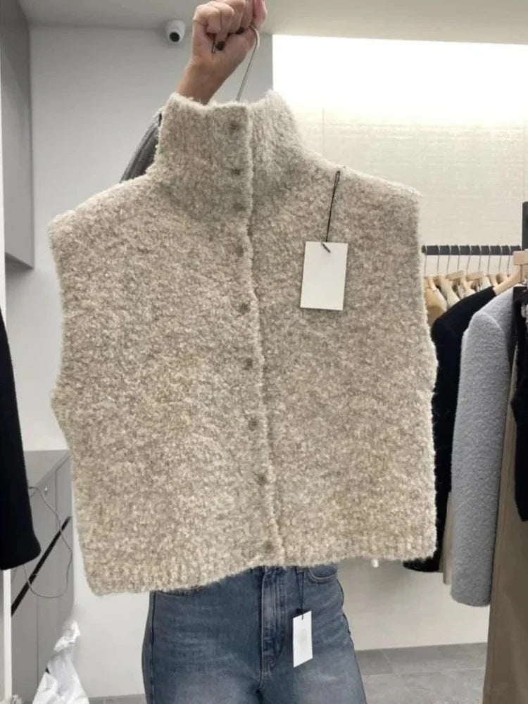 Damen Ärmellose Strickweste mit Stehkragen Bouclé-Optik