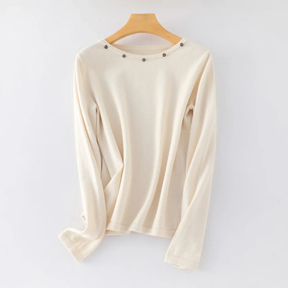 Damen Langarmshirt mit Rundhalsausschnitt & Zierknöpfen, Weicher Stoff, Mehrfarbig