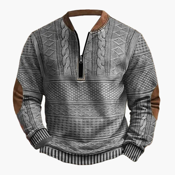 Herren Strickpullover im Vintage-Stil mit Reißverschluss – Modischer Freizeit-Sweater mit Kunstleder-Details