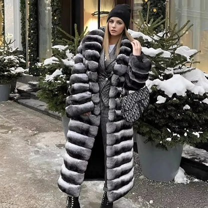 Damen Mantel Lang Pelzoptik Gestreift Grau Schwarz Winter Elegant