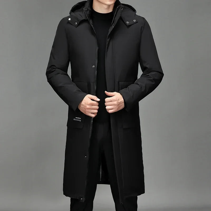 Herren Winter Steppmantel Lang mit Kapuze Schwarz