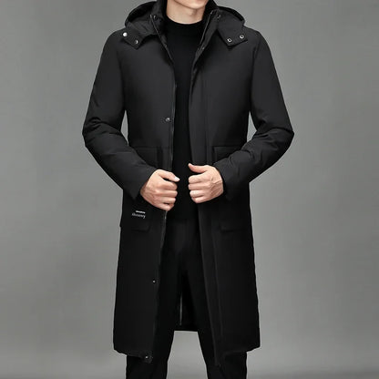 Herren Winter Steppmantel Lang mit Kapuze Schwarz