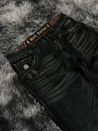 Damen Jeans Schwarz Bootcut Used-Look mit Ketten-Detail