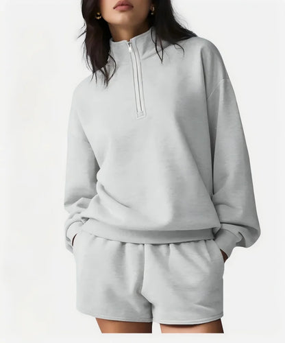 Damen Sweatshirt mit Stehkragen und Reißverschluss & Shorts Set Grau