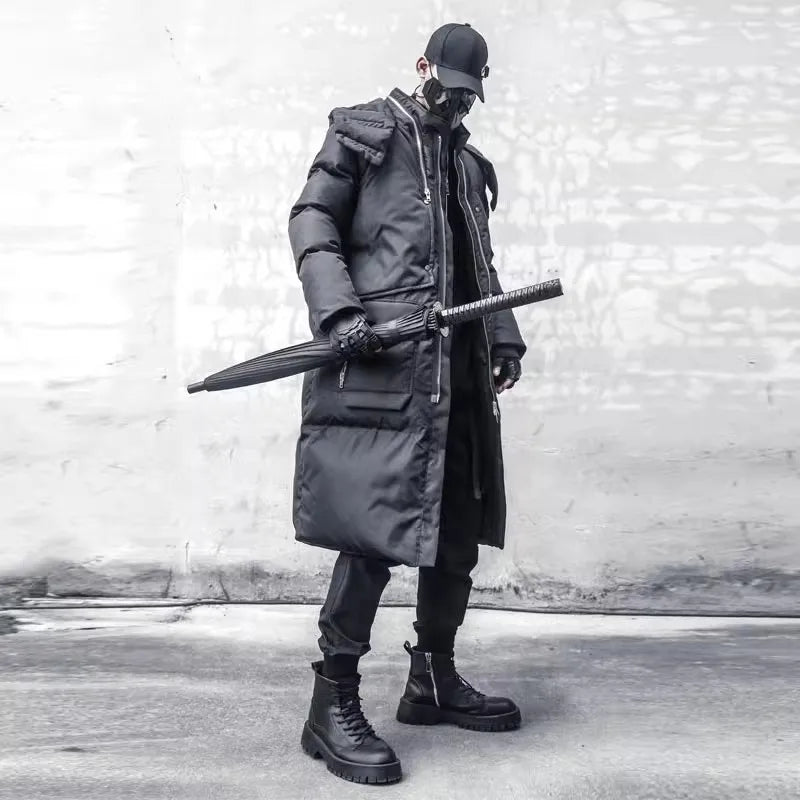 Unisex Langer Steppmantel Schwarz mit Kapuze Reißverschlüssen Winter