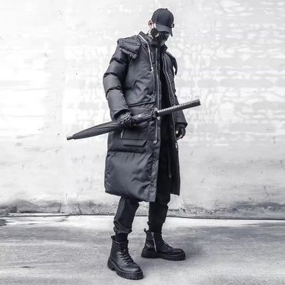 Unisex Langer Steppmantel Schwarz mit Kapuze Reißverschlüssen Winter
