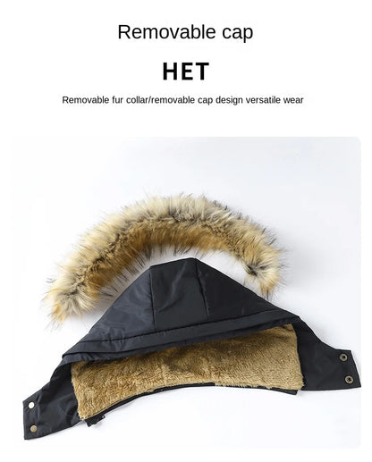 Herren Winterjacke Schwarz gefüttert mit Kapuze und Kunstfellkragen