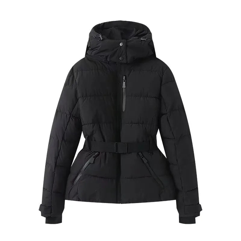 Damen Steppjacke mit Kapuze und Gürtel, glänzend, in verschiedenen Farben