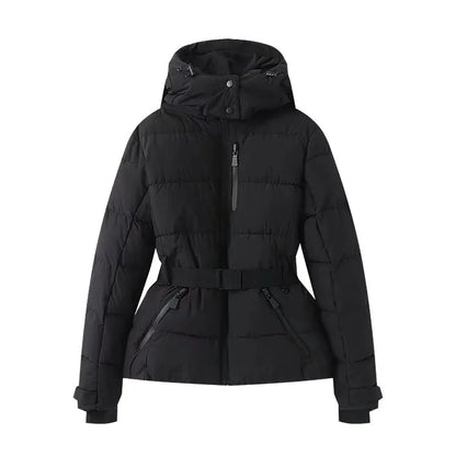 Damen Steppjacke mit Kapuze und Gürtel, glänzend, in verschiedenen Farben