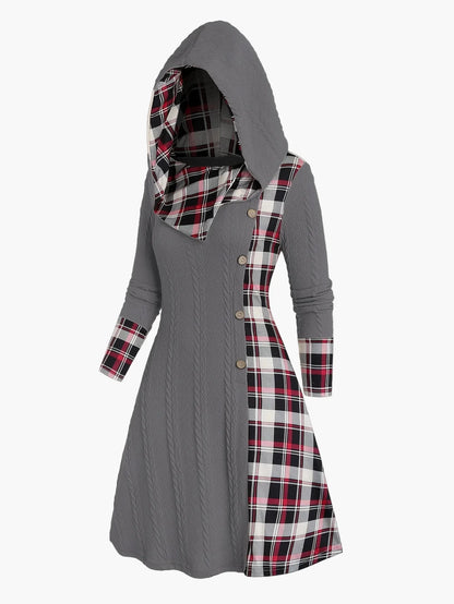 Damen Kapuzenkleid im Strick-Look mit Karomuster – Elegantes Freizeitkleid mit Knopfleiste