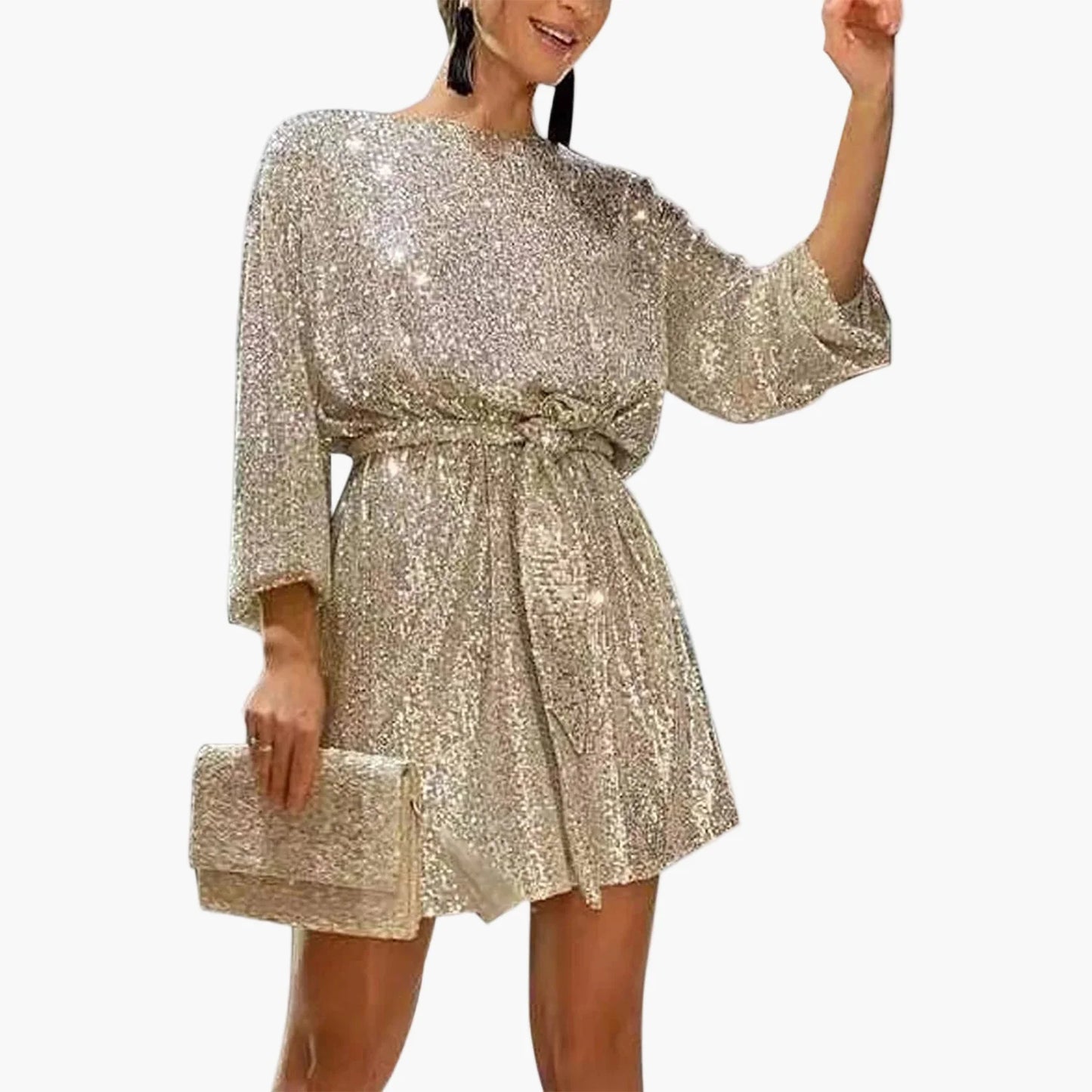 Damen Pailletten Minikleid mit Gürtel – Elegantes Party- und Cocktailkleid