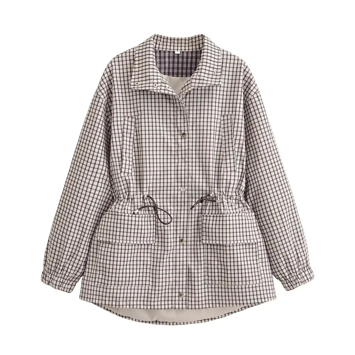 Damen Jacke kariert Tunnelzug beige