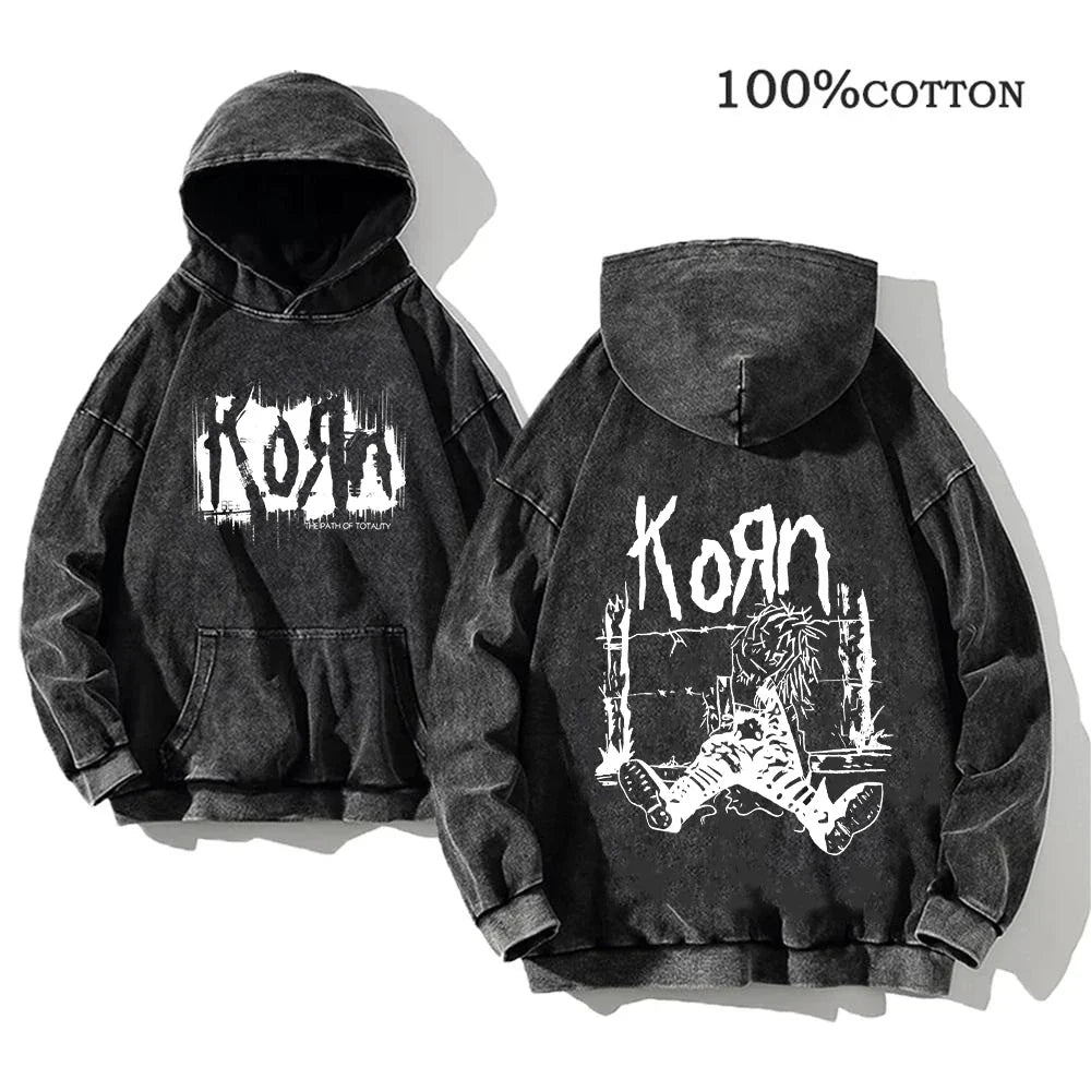 Unisex Kapuzenpullover Grau verwaschen mit Band-Print Vorn & Hinten