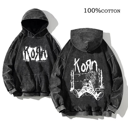 Unisex Kapuzenpullover Grau verwaschen mit Band-Print Vorn & Hinten