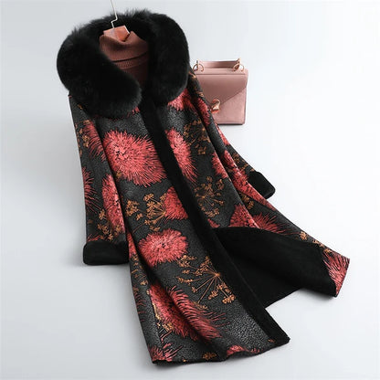 Damen Mantel mit Pelzkragen, gemustert, lang, warmer Winterparka