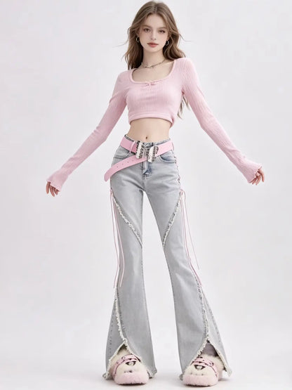 Damen Schlaghose Jeans hellblau mit Schnürdetails und weitem Bein