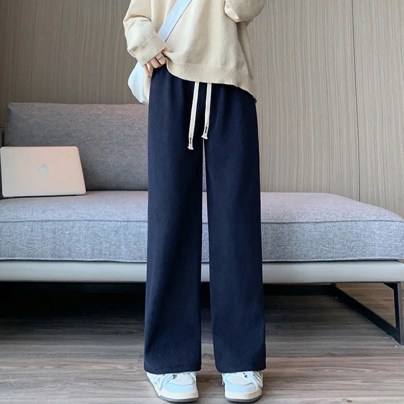 Damen Weite Hose mit Kordelzug Gerippt Hohe Taille Freizeithose