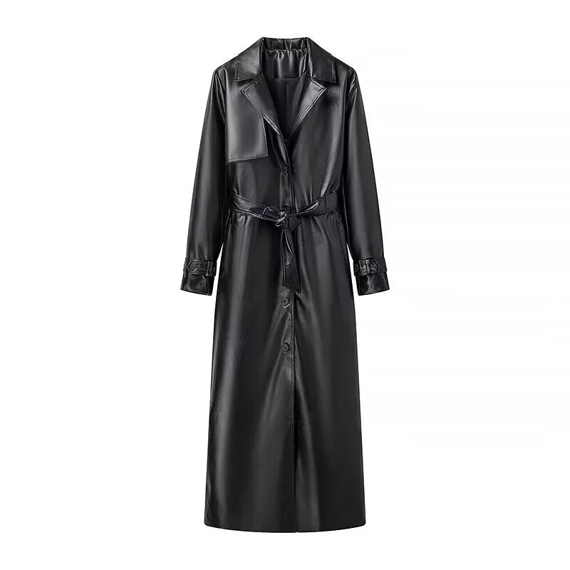 Trenchcoat Damen Lang Kunstleder Glänzend mit Gürtel