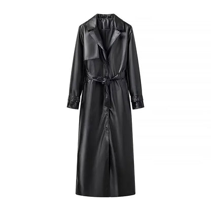 Trenchcoat Damen Lang Kunstleder Glänzend mit Gürtel