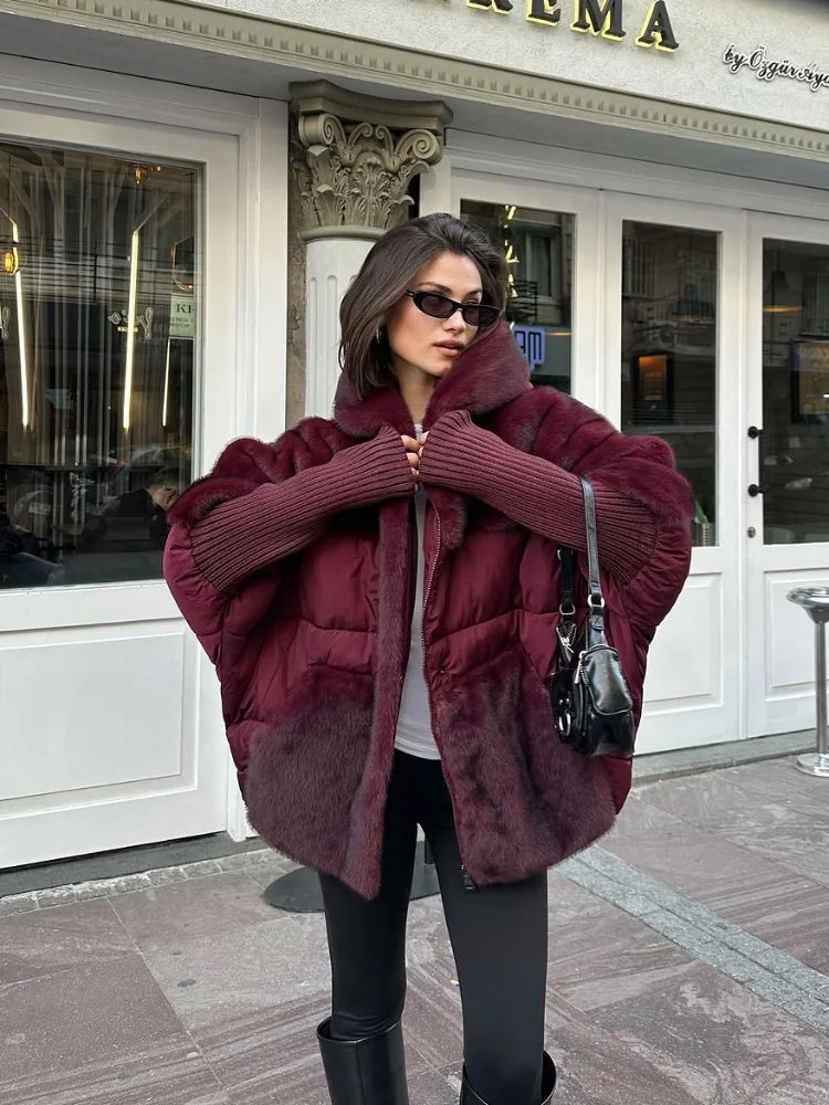 Damen Kurzmantel Plüsch-Look Gesteppt mit Kapuze und langen Ärmeln
