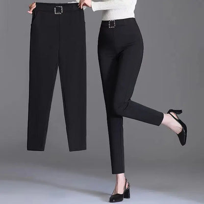 Damen Stoffhose Weiß mit Zierschnalle Hochwasser Slim Fit