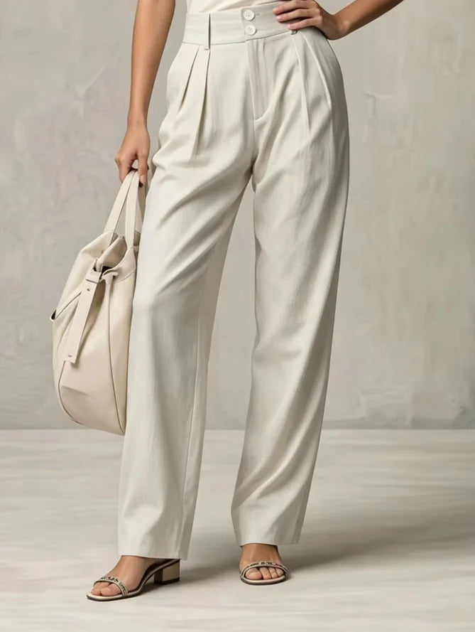 Damen Stoffhose Beige mit hohem Bund und Bundfalten