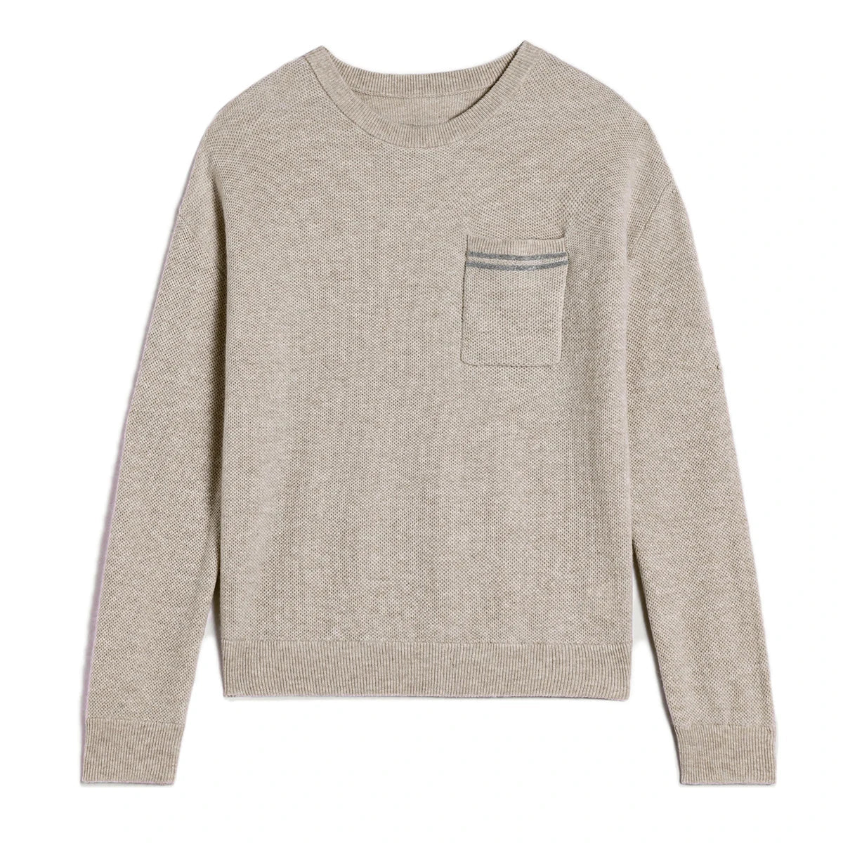 Damen Rundhals Pullover mit Brusttasche & Streifen – Grau