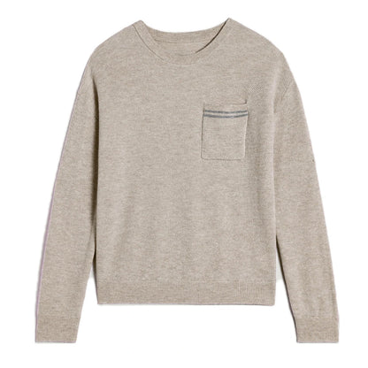 Damen Rundhals Pullover mit Brusttasche & Streifen – Grau