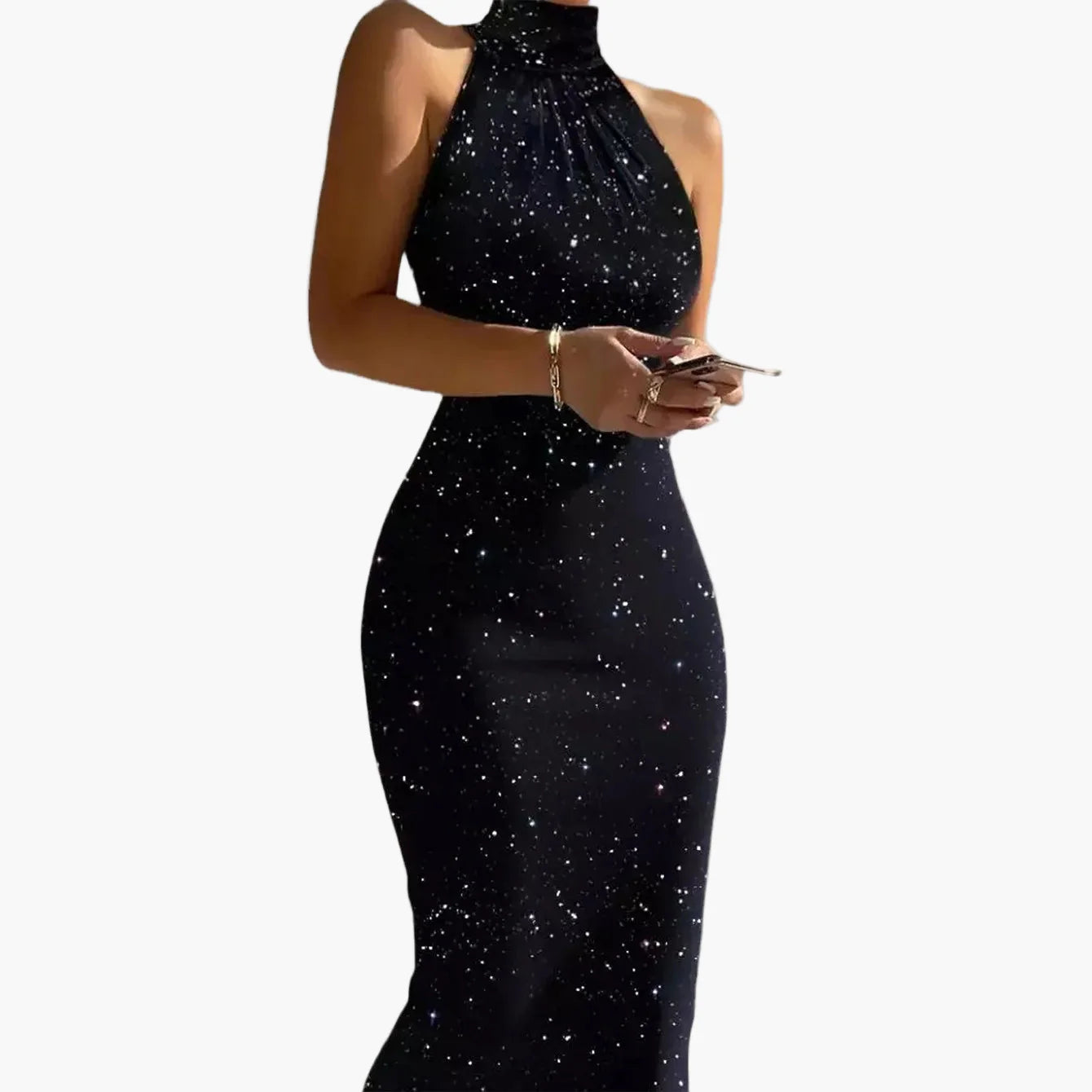 Damen Elegantes Bodycon Abendkleid mit Sternenmuster und Stehkragen – Perfekt für Events & Partys