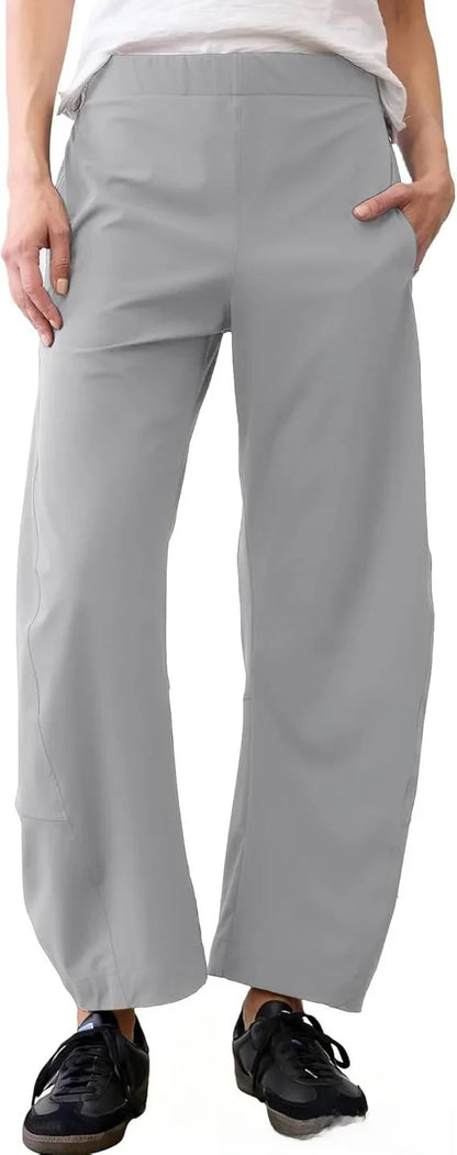 Damen Freizeithose Weites Bein Elastischer Bund Bequeme Stoffhose