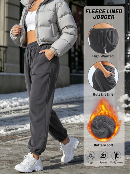 Damen Jogginghose Fleece Gefüttert Hochtailliert Dunkelgrau