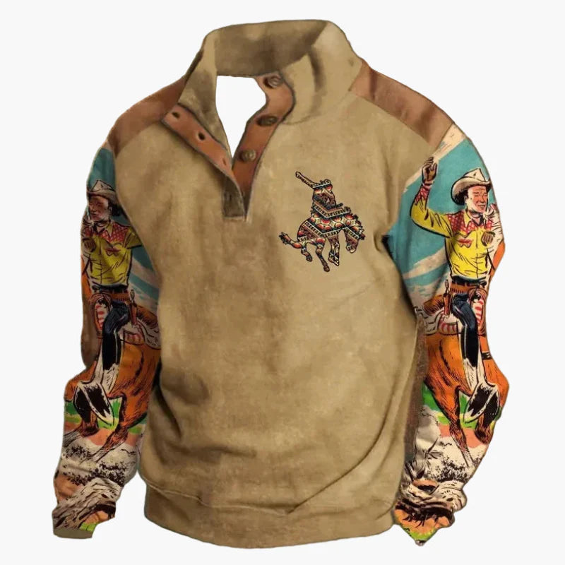 Herren Pullover mit Western Motiv und Digitaldruck – Vintage Cowboy Style, Winter Freizeit Sweater