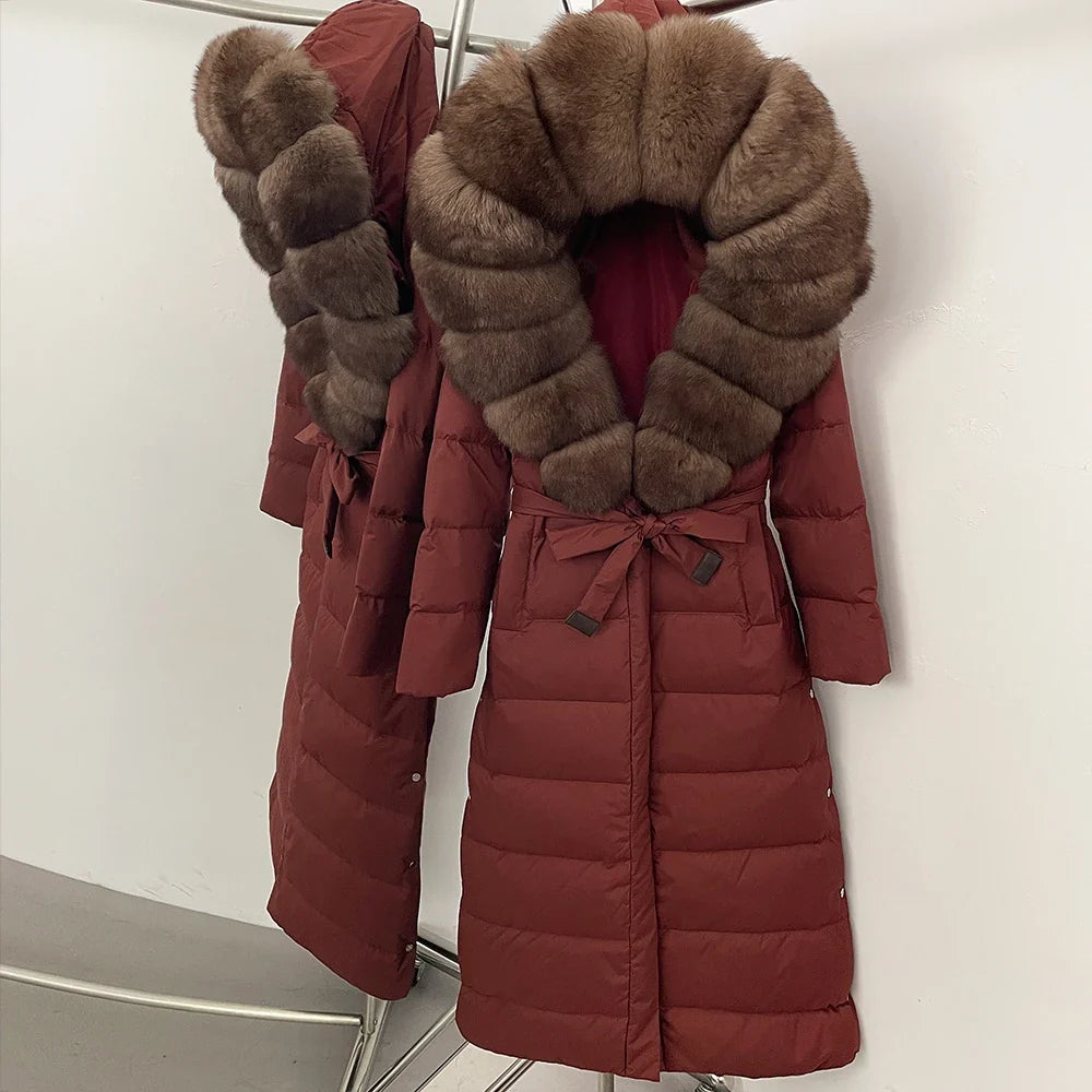 OFTBUY Grote Echte Vos Bontkraag X-Lange Puffer Jas Vrouwen Capuchon Winter Witte Eend Down Jas Dikke Vrouwelijke parka Met Riem