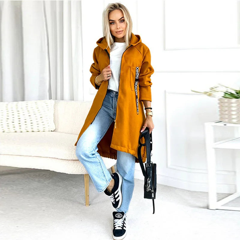Damen Langer Kapuzenpullover mit Reißverschluss und Fronttasche, Langarm