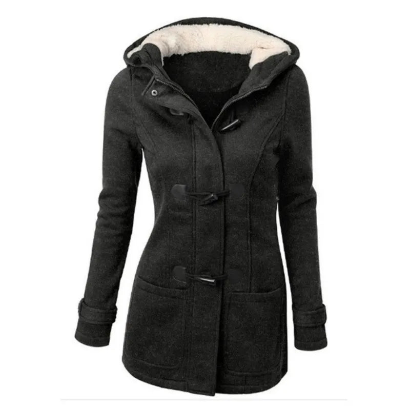 Damen Dufflecoat mit Kapuze und Knebelknöpfen - Warmer Wintermantel mit Teddyfutter