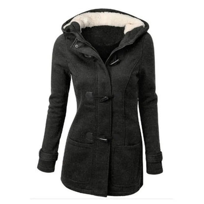 Damen Dufflecoat mit Kapuze und Knebelknöpfen - Warmer Wintermantel mit Teddyfutter