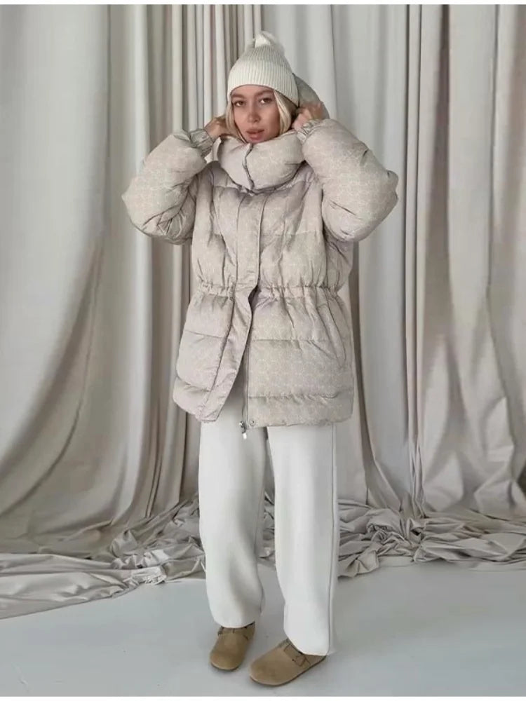 Damen Steppjacke mit Kapuze und Kordelzug, kurzer Puffermantel, gemustert