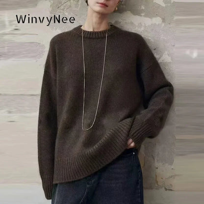 Damen Oversize Strickpullover Rundhals Langarm Rippbündchen