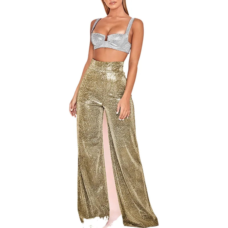 Damen Glitzer Zweiteiler Crop Top und Weite Hose Set Hochglanz Party Outfit