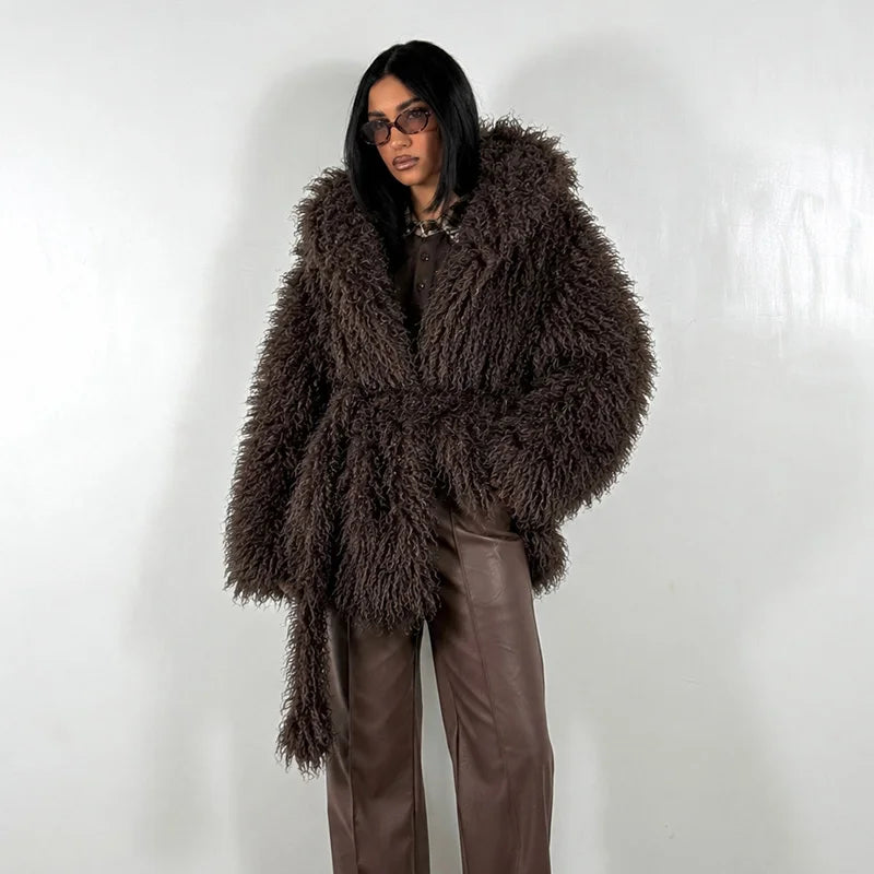 Damen Shaggy Kunstfell Jacke mit Kapuze und Bindegürtel, Langärmelig, Kurz geschnitten
