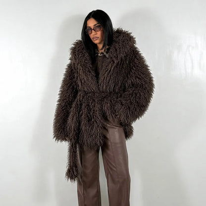 Damen Shaggy Kunstfell Jacke mit Kapuze und Bindegürtel, Langärmelig, Kurz geschnitten