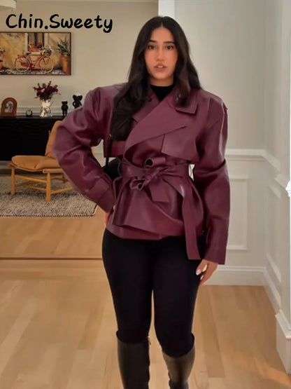 Damen Kurzjacke mit Bindegürtel und Reverskragen