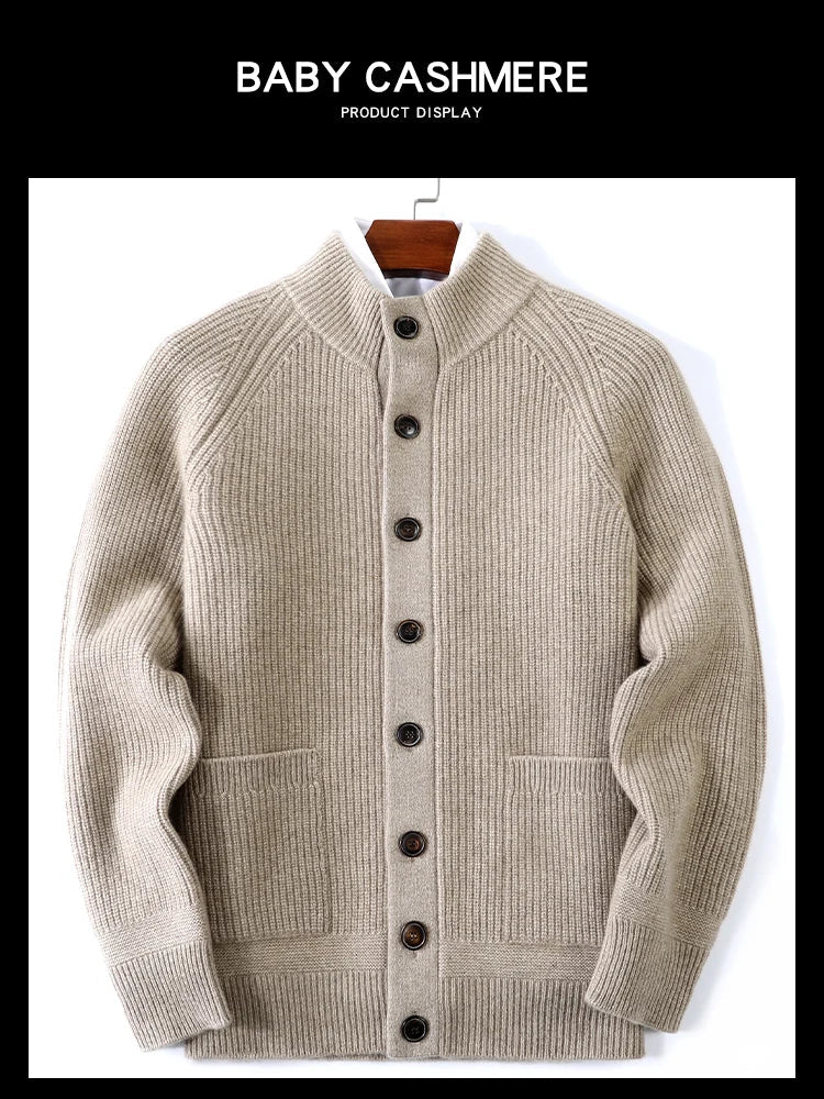 Herren Strickjacke Beige Stehkragen Knopfleiste Rippstrick