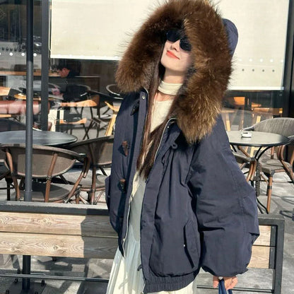Damen Winterjacke mit Kapuze und Fellkragen Beige