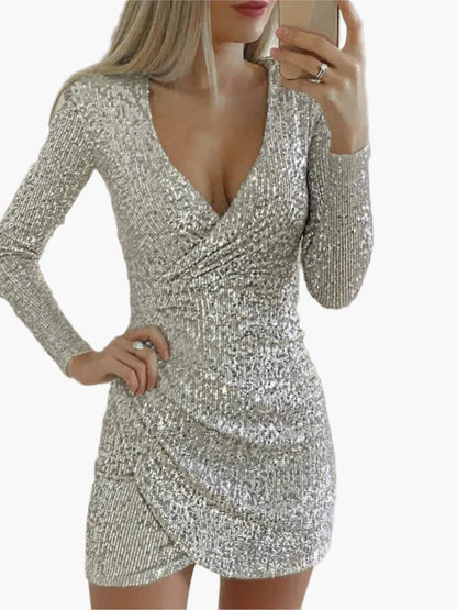 Damen Partykleid mit Pailletten, Langarm, Elegantes Minikleid – Perfekt für festliche Anlässe