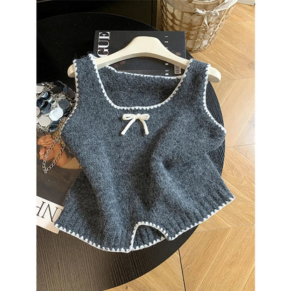 Gestricktes Crop Top Damen Ärmellos mit Schleife und Wellenkante